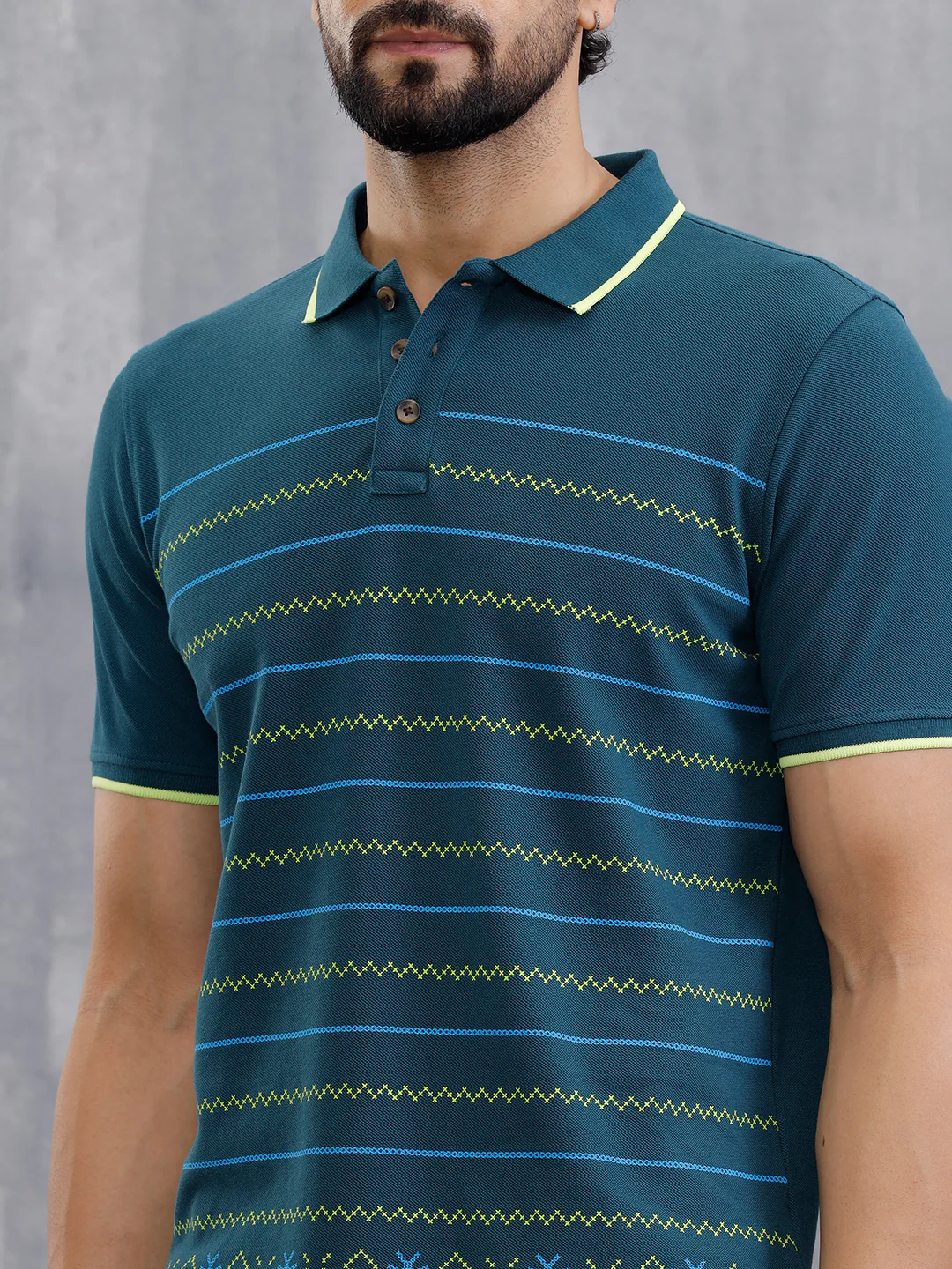 Embroidered Look Engineered Aop Polo T-Shirt  | Teal - Image 7