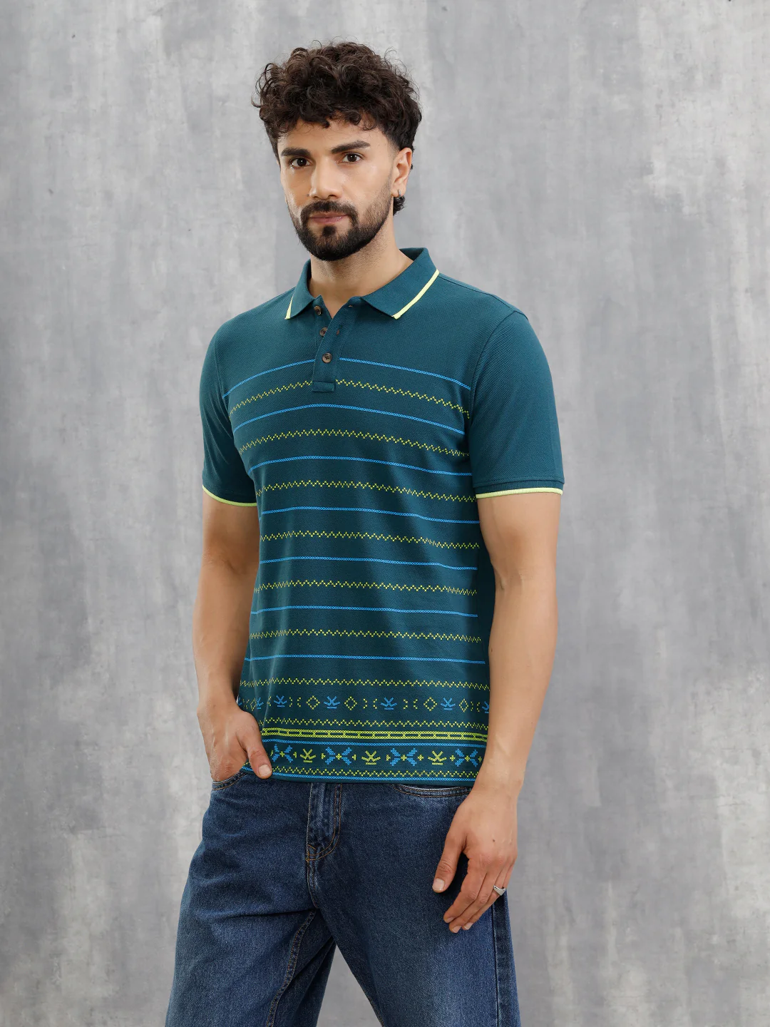 Embroidered Look Engineered Aop Polo T-Shirt  | Teal - Image 8