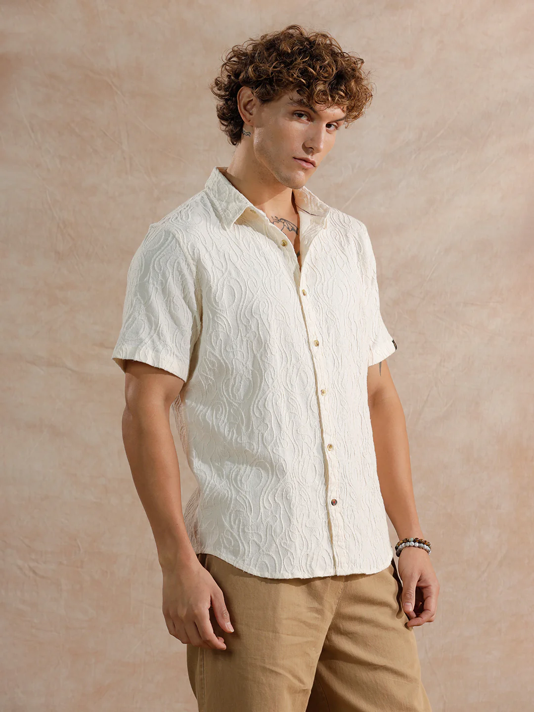Textured Slim Fit Shirt | Off White - Image 4