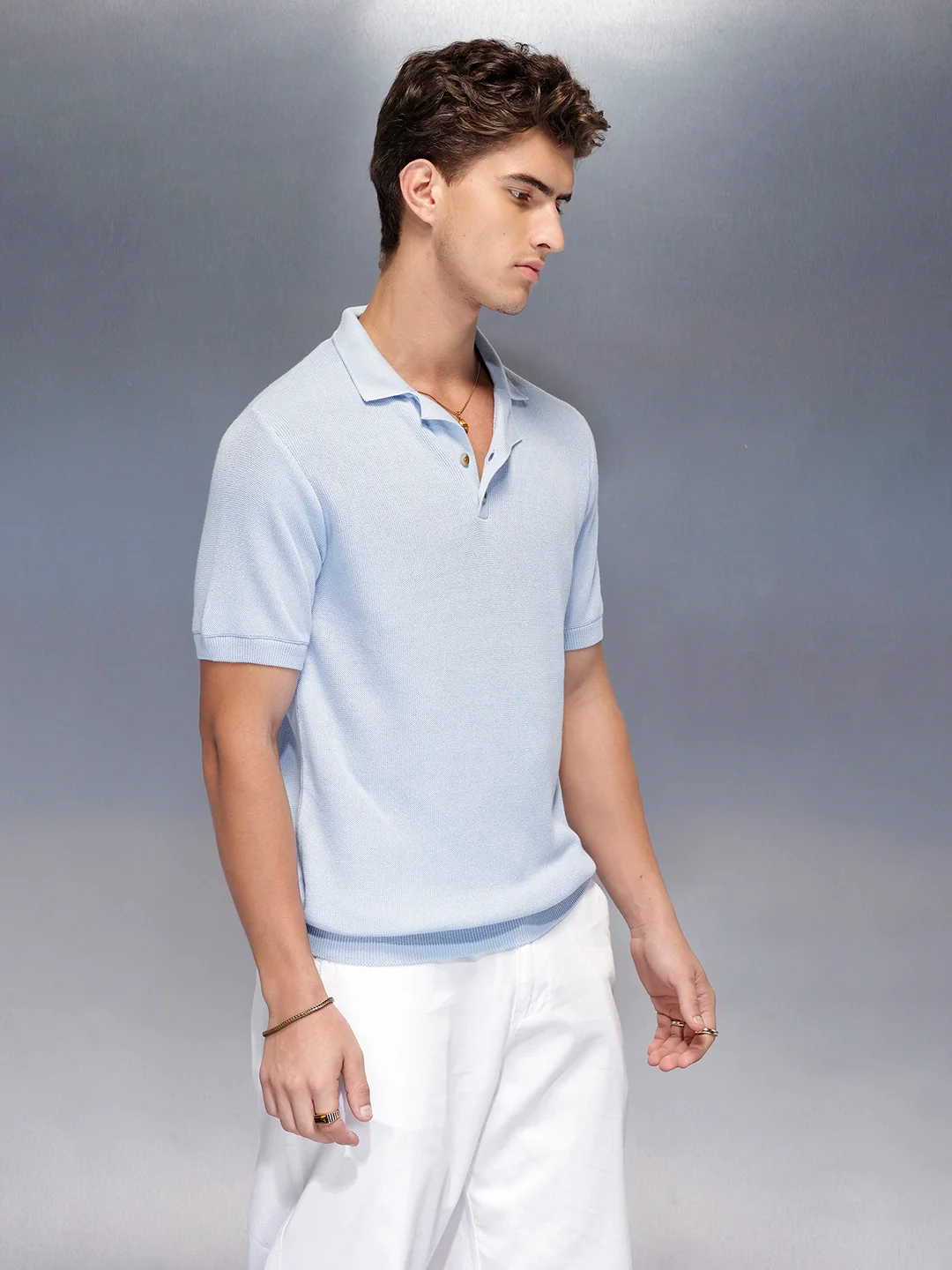 Fine- textured knit polo | Blue - Image 4