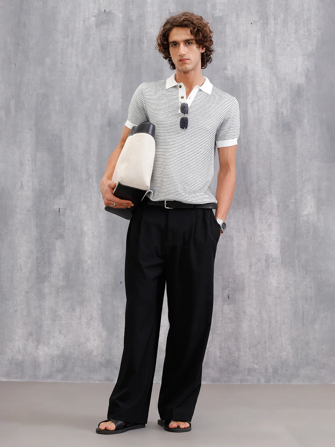 Flat Knit Striped Pattern Polo T-Shirt| White - Image 2