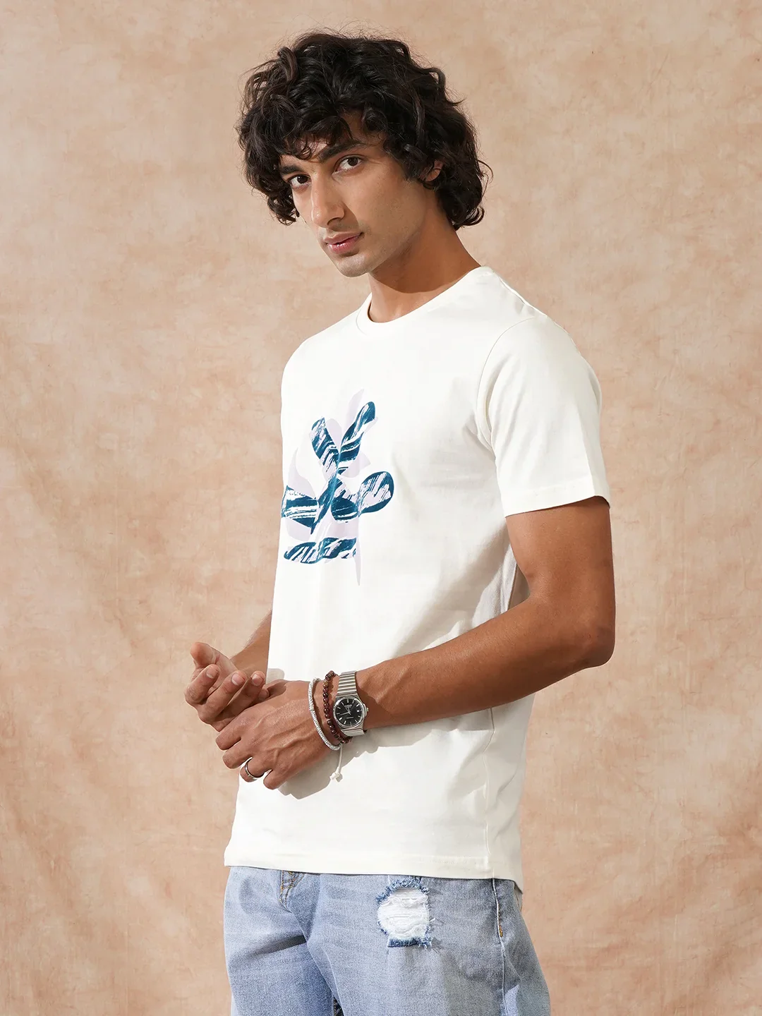 Flock Printed Slim Fit T-Shirt | Off White - Image 4