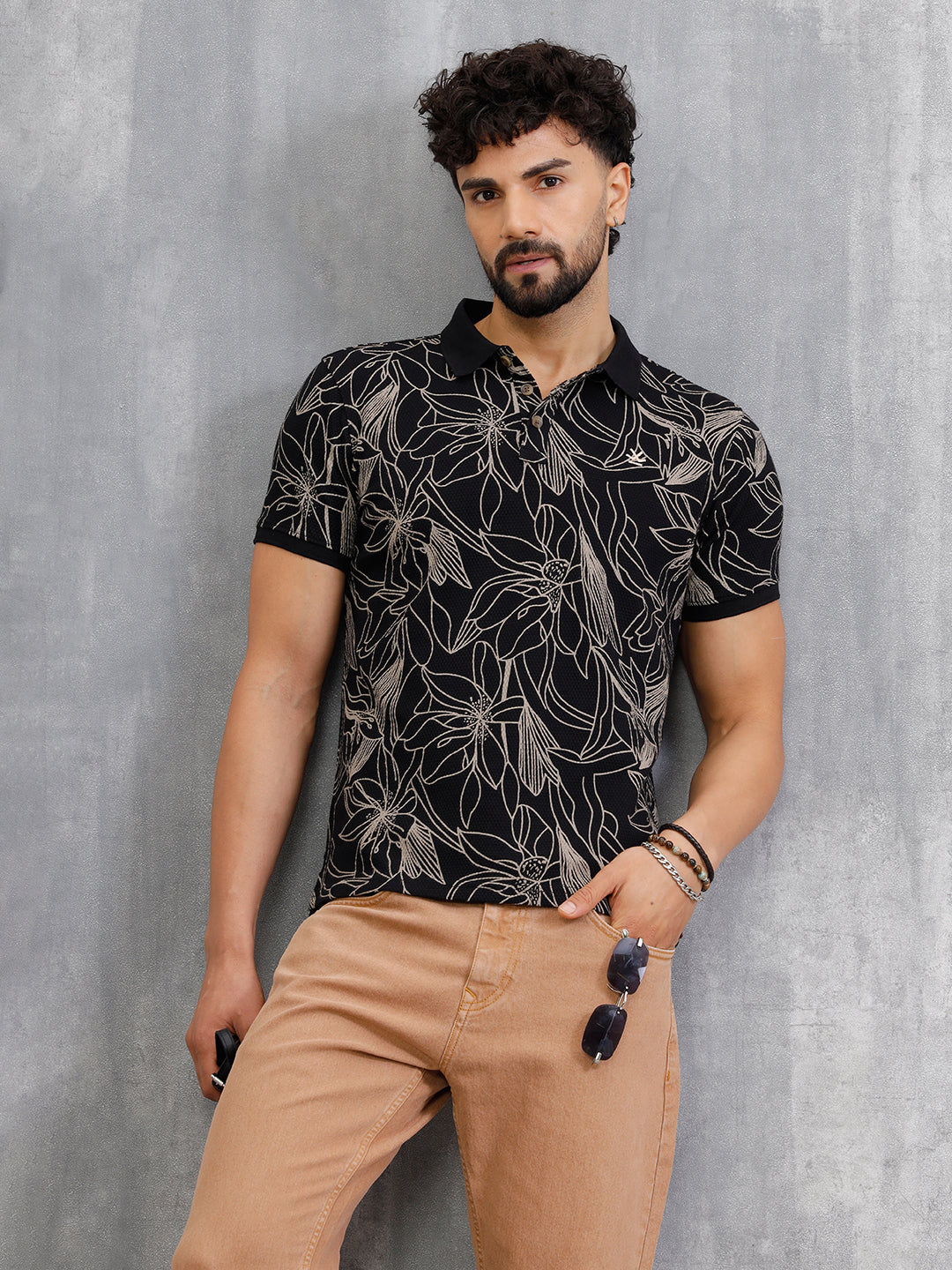 Floral Abstract Aop Polo T-Shirt | Black - Image 3