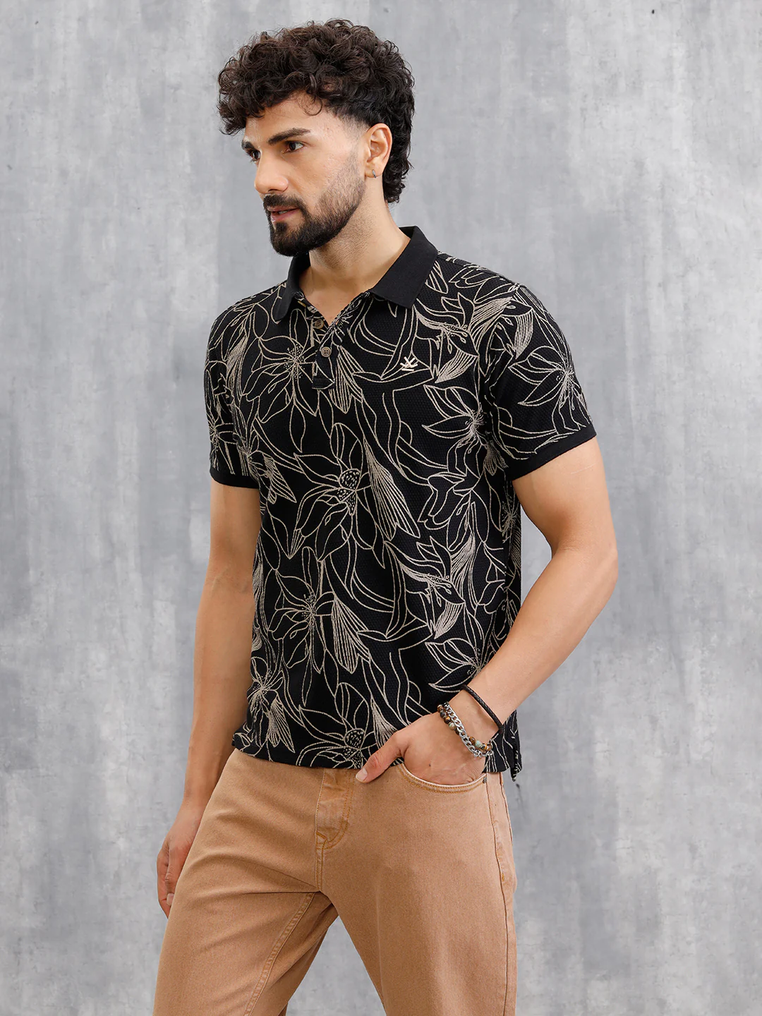Floral Abstract Aop Polo T-Shirt | Black - Image 7