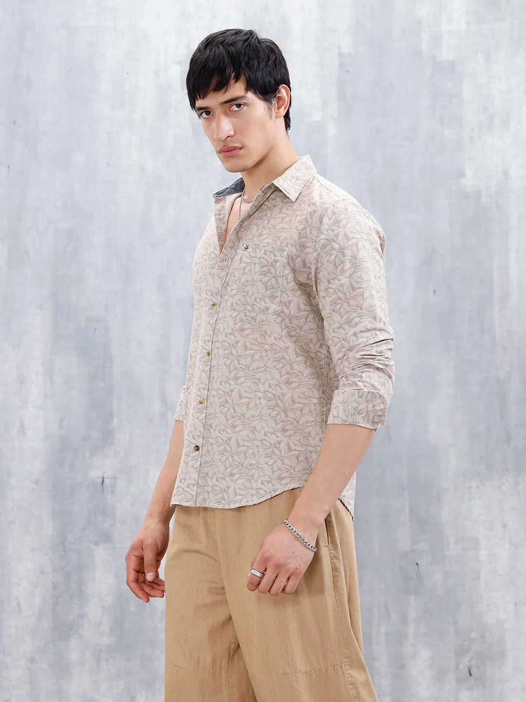 Floral Printed Slim Fit Men's Casual Shirt | Khaki - Image 4