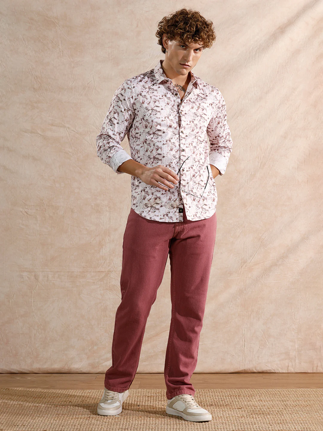 Printed Satin Slim Fit Shirt | Brown - Image 2
