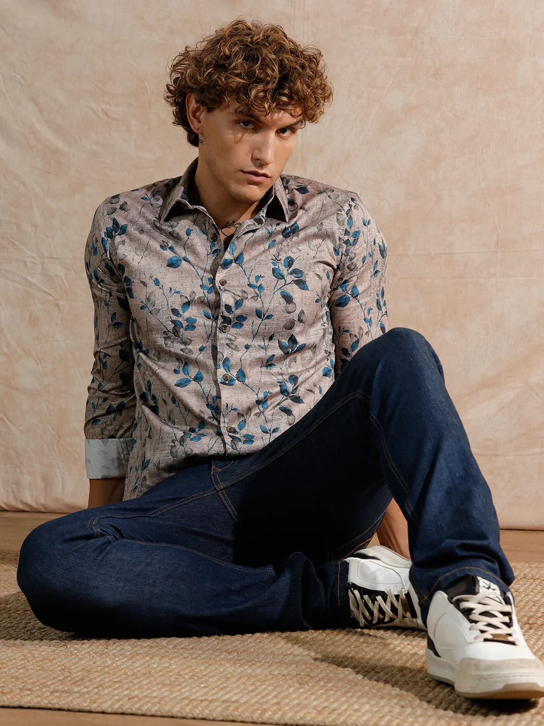 Printed Satin Slim Fit Shirt | Khaki - Image 2