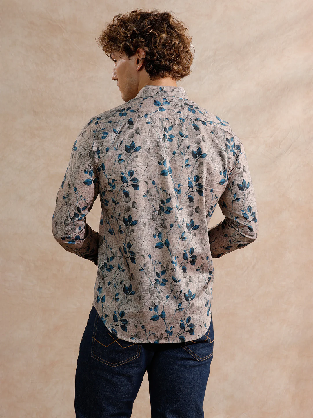 Printed Satin Slim Fit Shirt | Khaki - Image 3