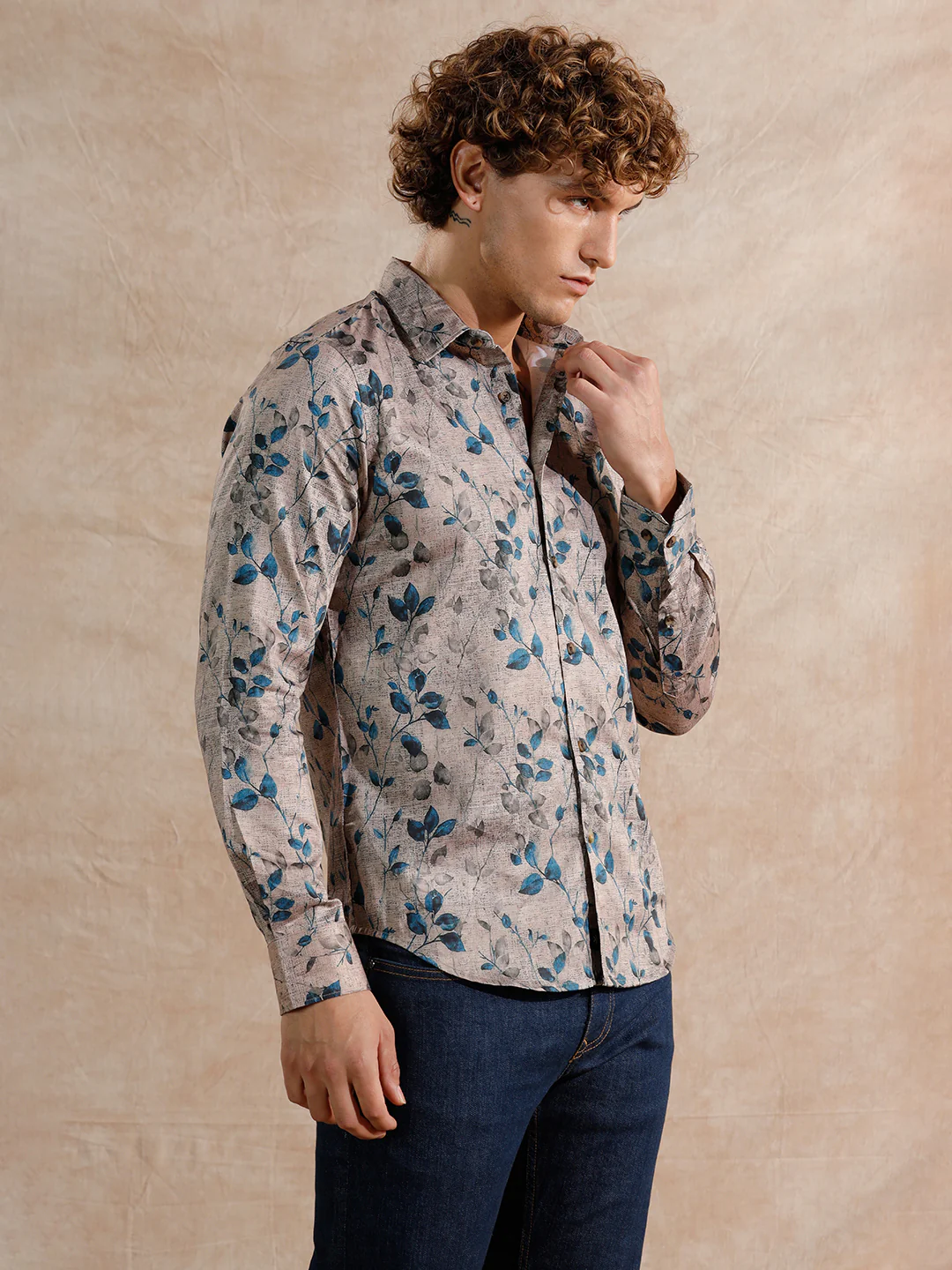 Printed Satin Slim Fit Shirt | Khaki - Image 4