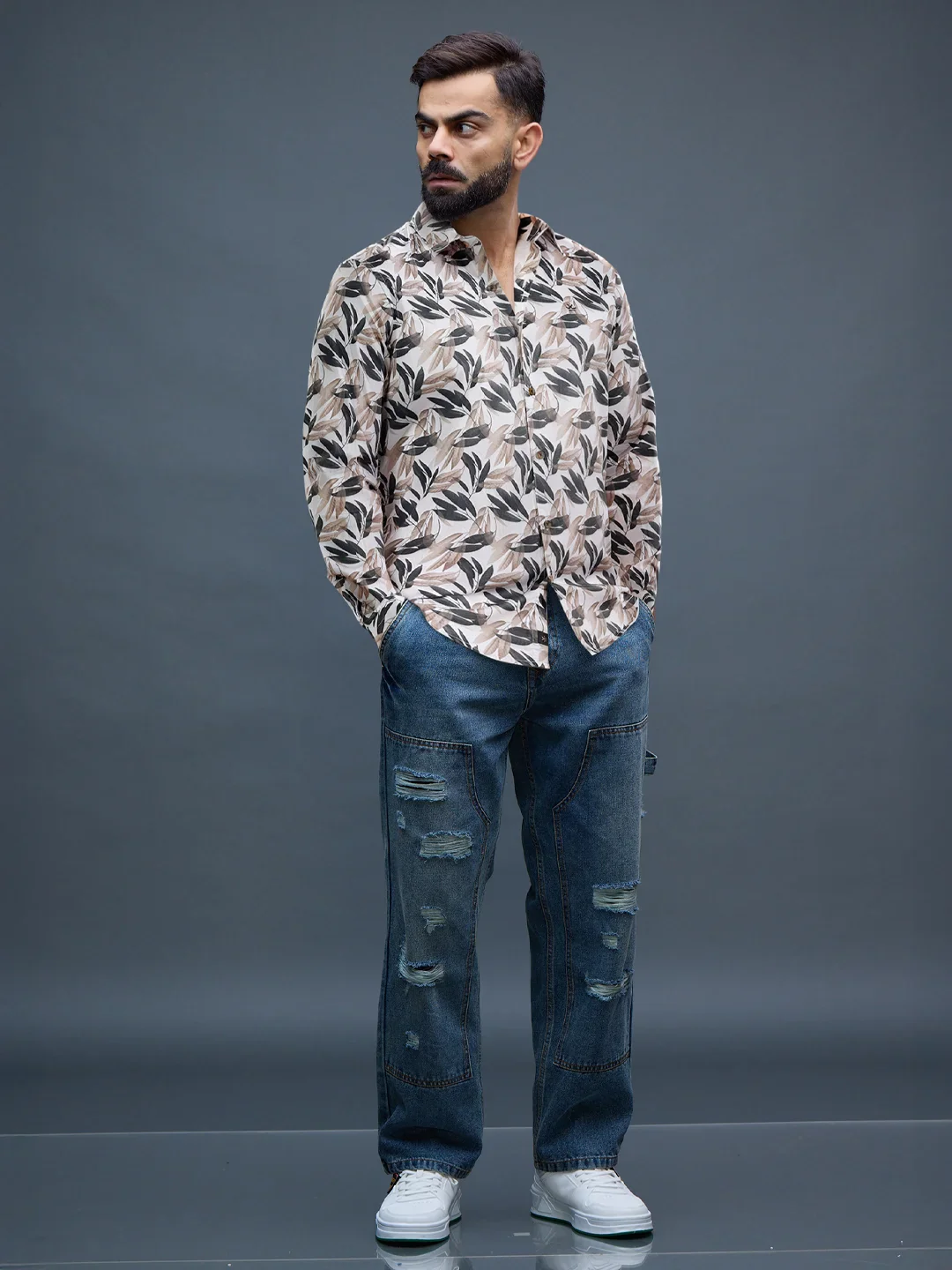 Printed Satin Slim Fit Shirt | Off White - Image 2
