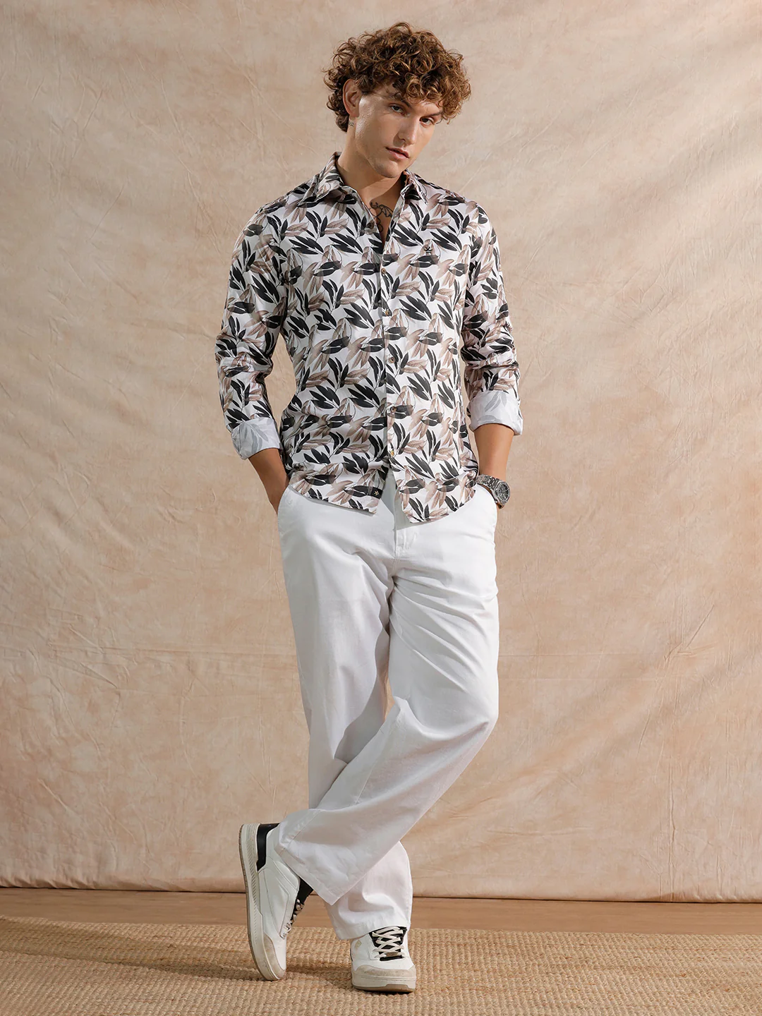 Printed Satin Slim Fit Shirt | Off White - Image 4
