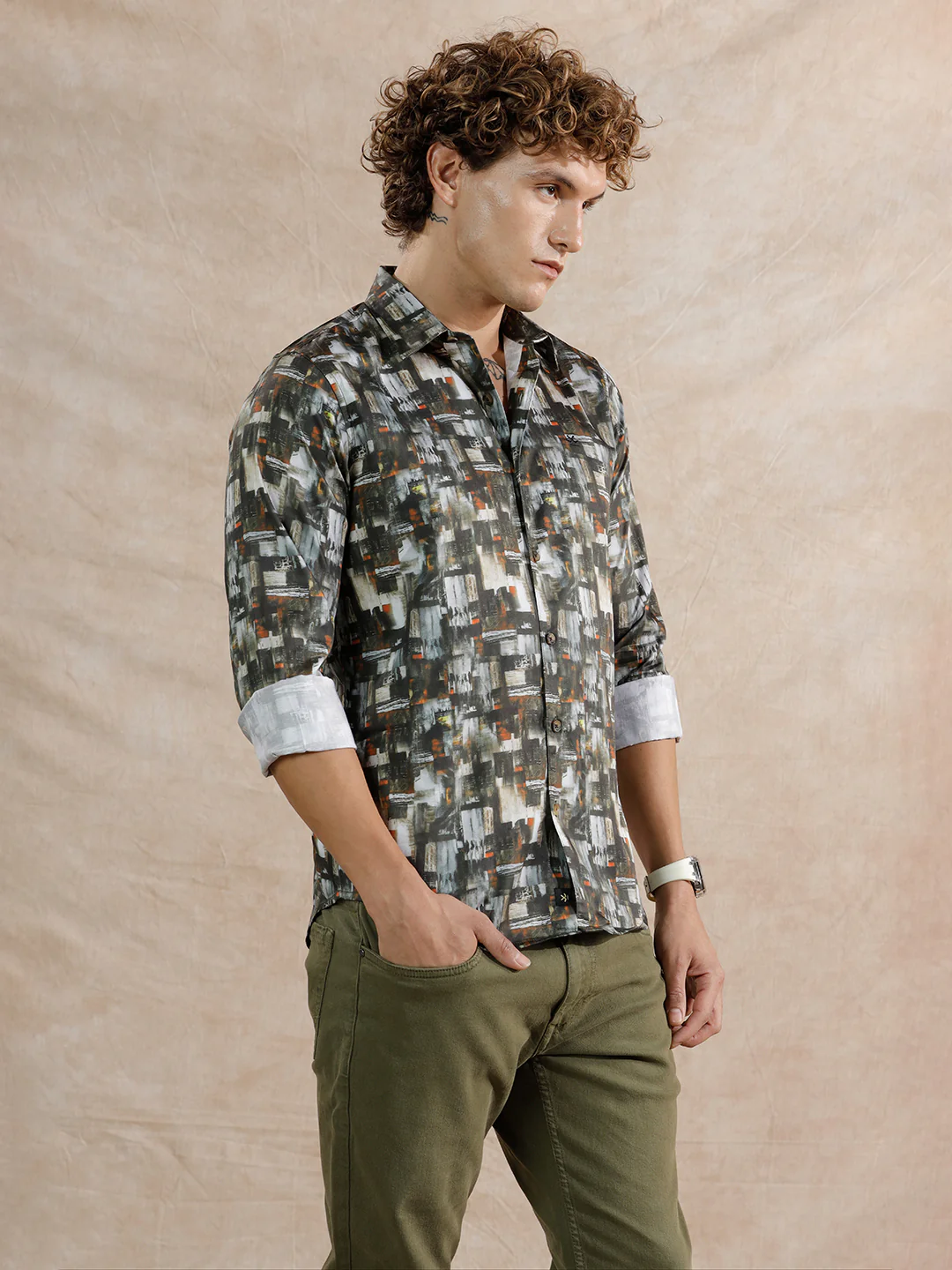 Flowy AOP Slim Fit Shirt | Dark Olive - Image 4