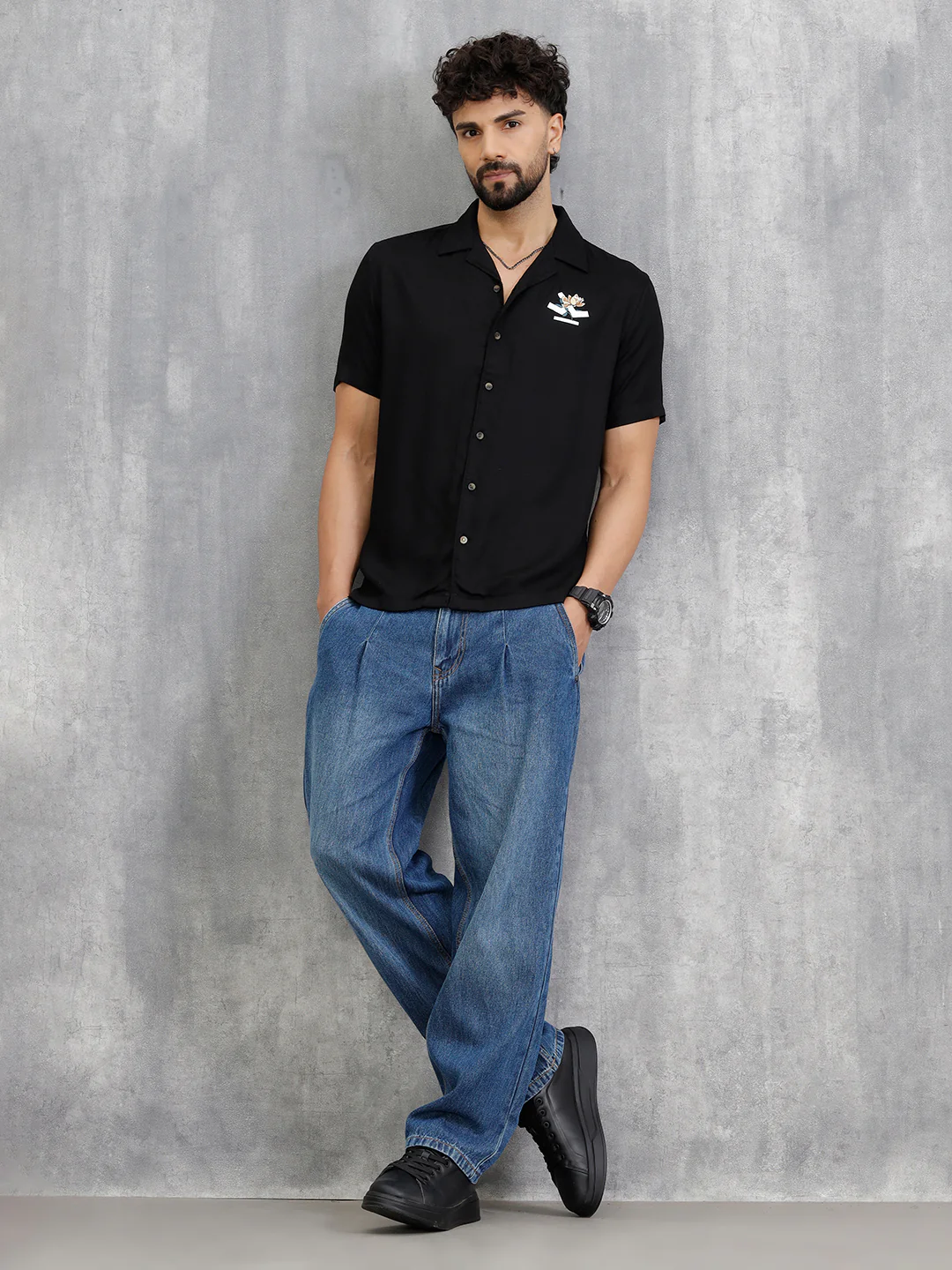 Fluid Resort Collar Shirt With Surreal Back Print | Black - Image 2
