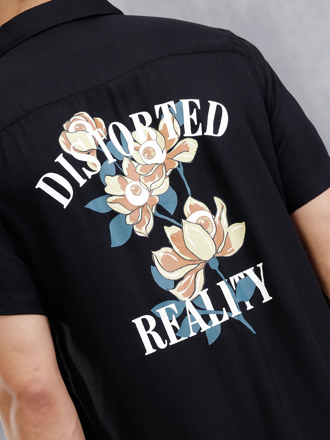 Fluid Resort Collar Shirt With Surreal Back Print | Black - Image 3