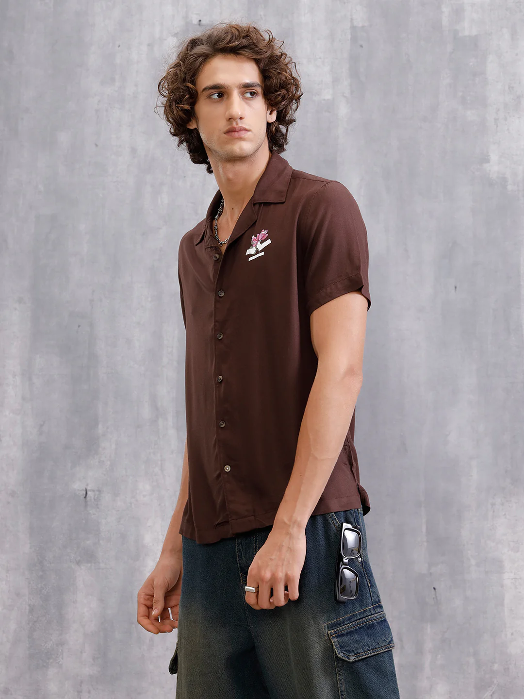 Fluid Resort Collar Shirt With Surreal Back Print | Brown - Image 5