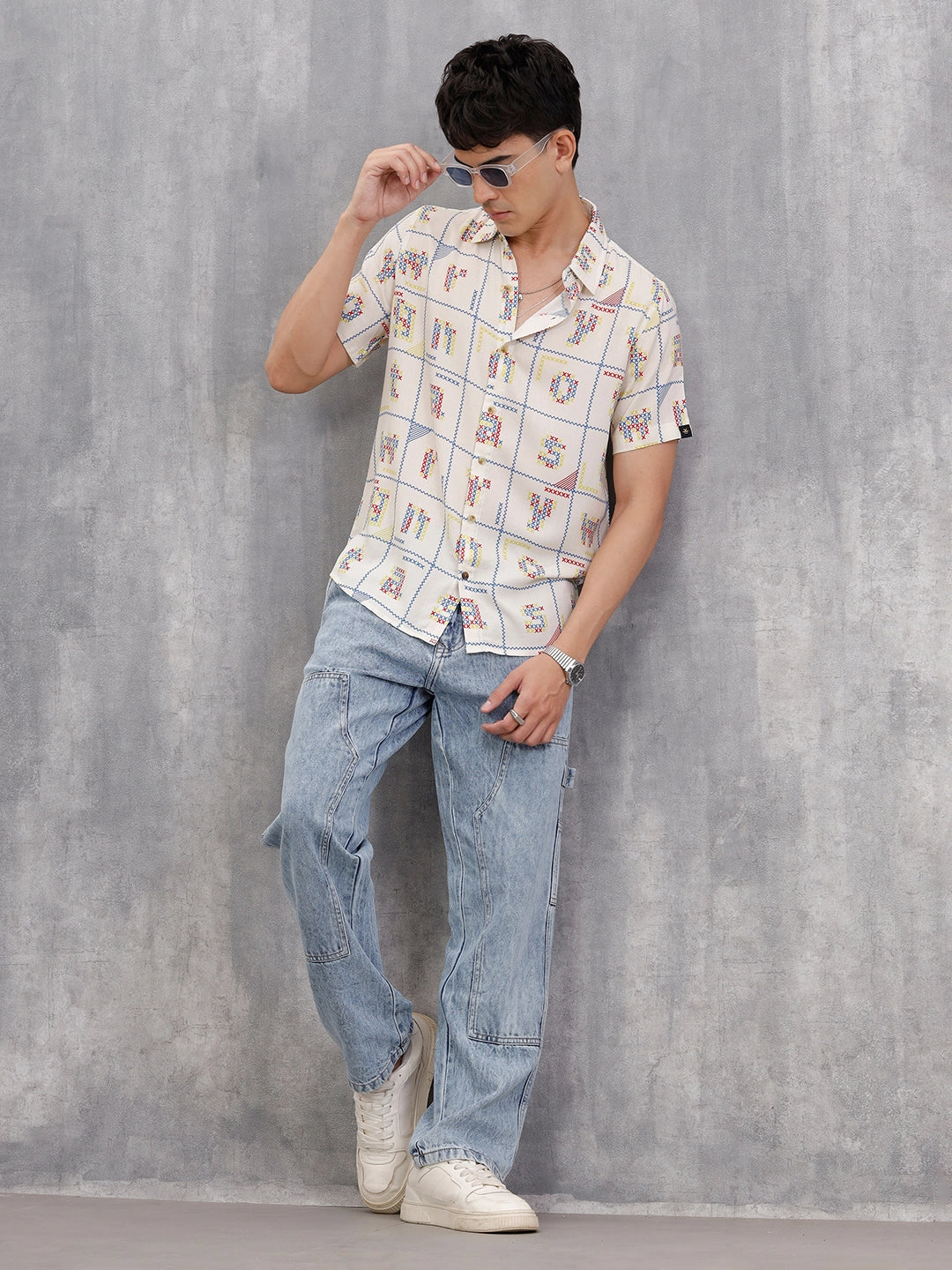 Fluid Viscose Shirt With Cross Stitch Inspired Aop  |  White - Image 2