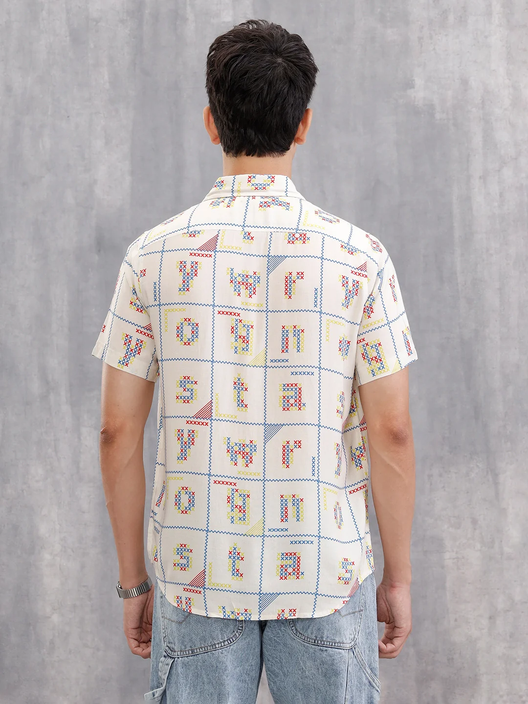 Fluid Viscose Shirt With Cross Stitch Inspired Aop  |  White - Image 3