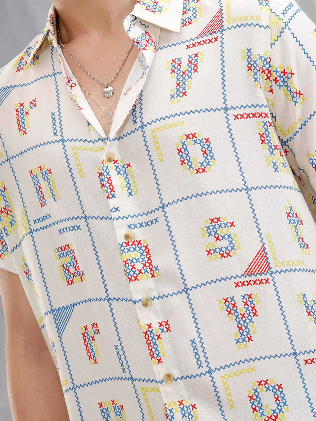 Fluid Viscose Shirt With Cross Stitch Inspired Aop  |  White - Image 4