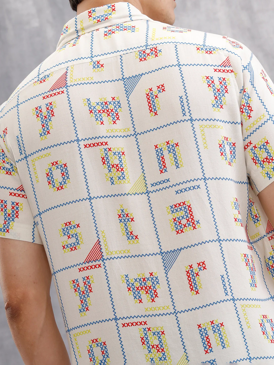 Fluid Viscose Shirt With Cross Stitch Inspired Aop  |  White - Image 5