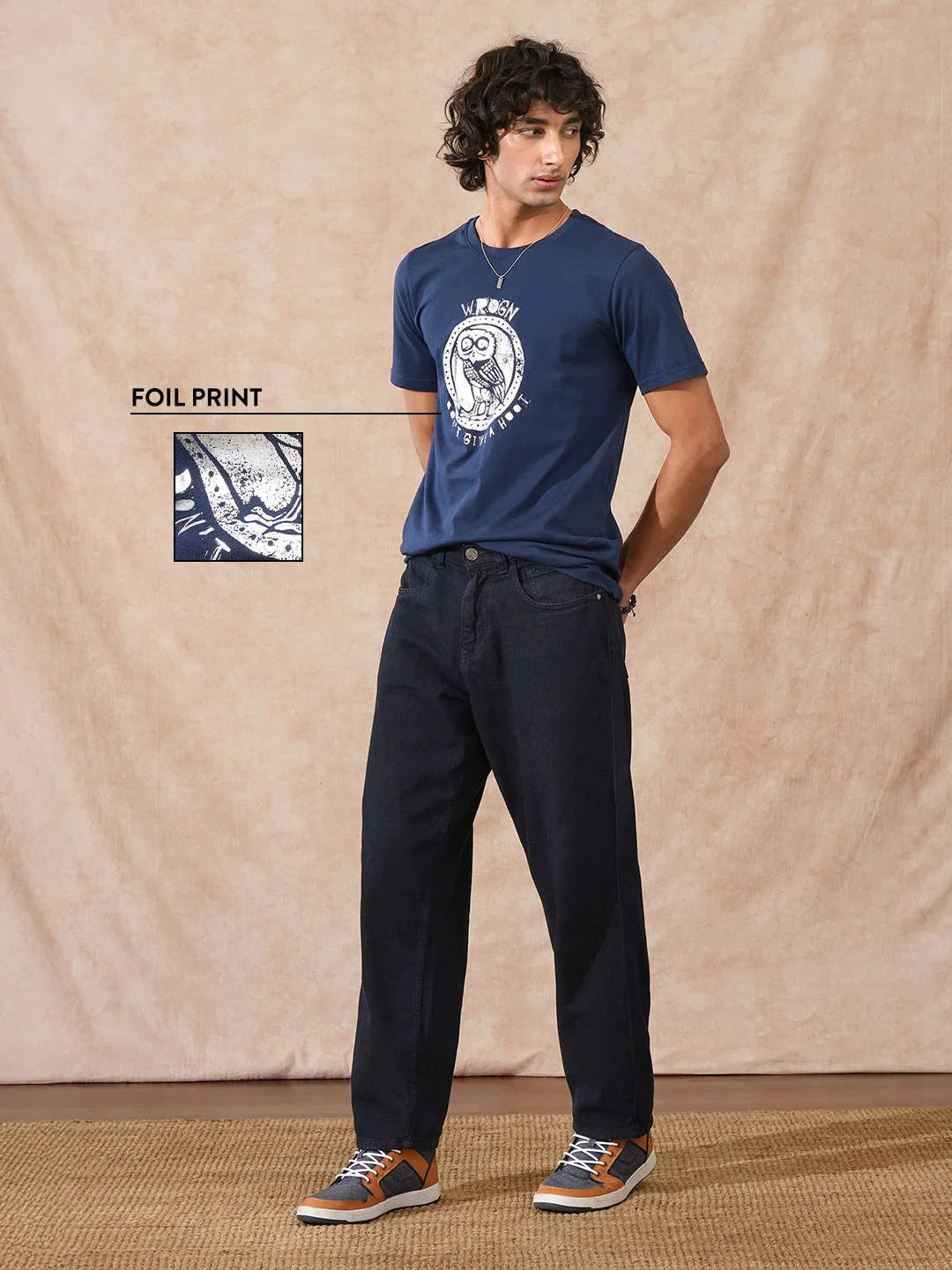 Foil Printed Slim Fit T-Shirt  | Navy Blue - Image 2
