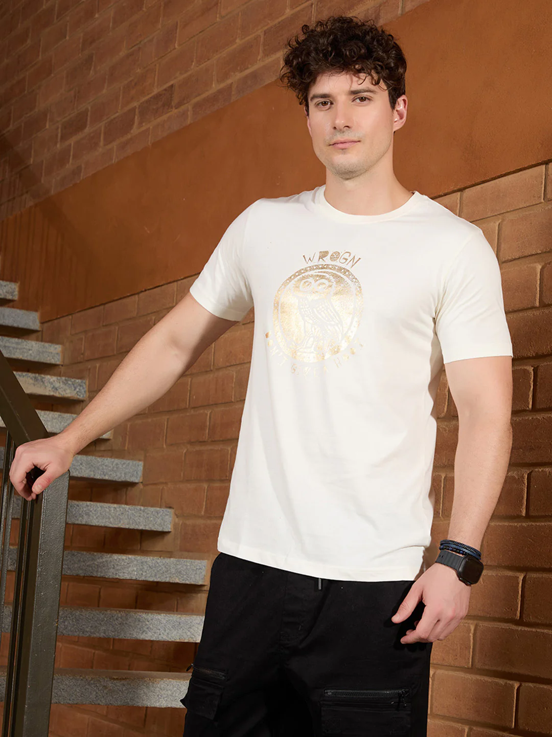 Foil Printed Slim Fit T-Shirt | Off White - Image 2