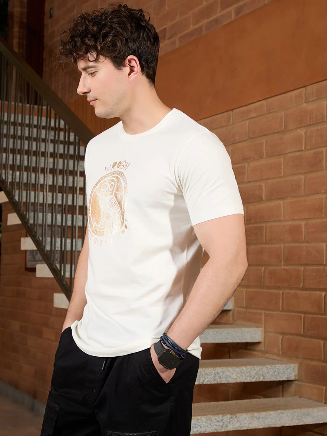 Foil Printed Slim Fit T-Shirt | Off White - Image 5