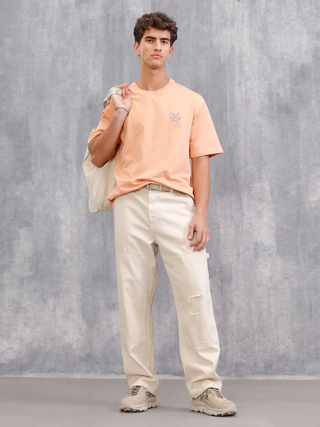 Frayed Yarn Look Wrogn Squad Oversized Back Print Crew Neck T-Shirt | Peach - Image 2