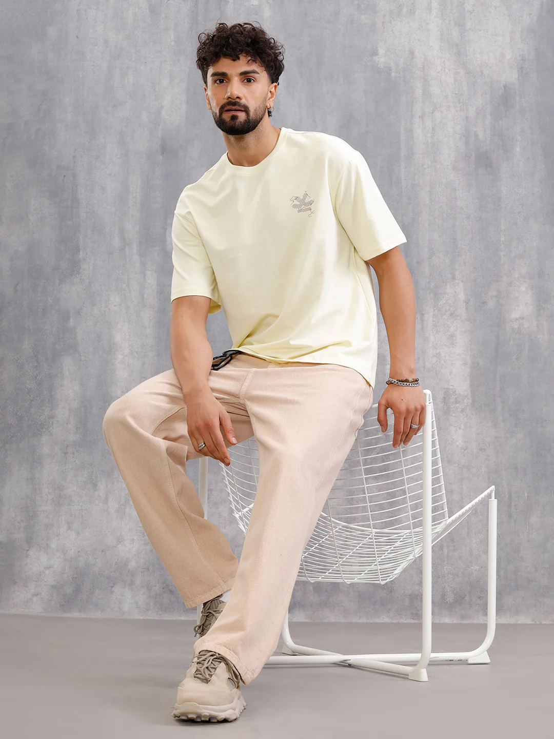 Frayed Yarn Look "Wrogn Squad" Oversized Back Print Crew Neck T-Shirt | Yellow - Image 2