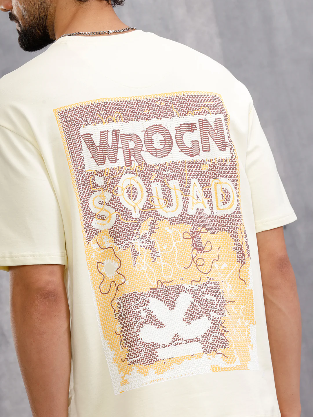 Frayed Yarn Look "Wrogn Squad" Oversized Back Print Crew Neck T-Shirt | Yellow - Image 3