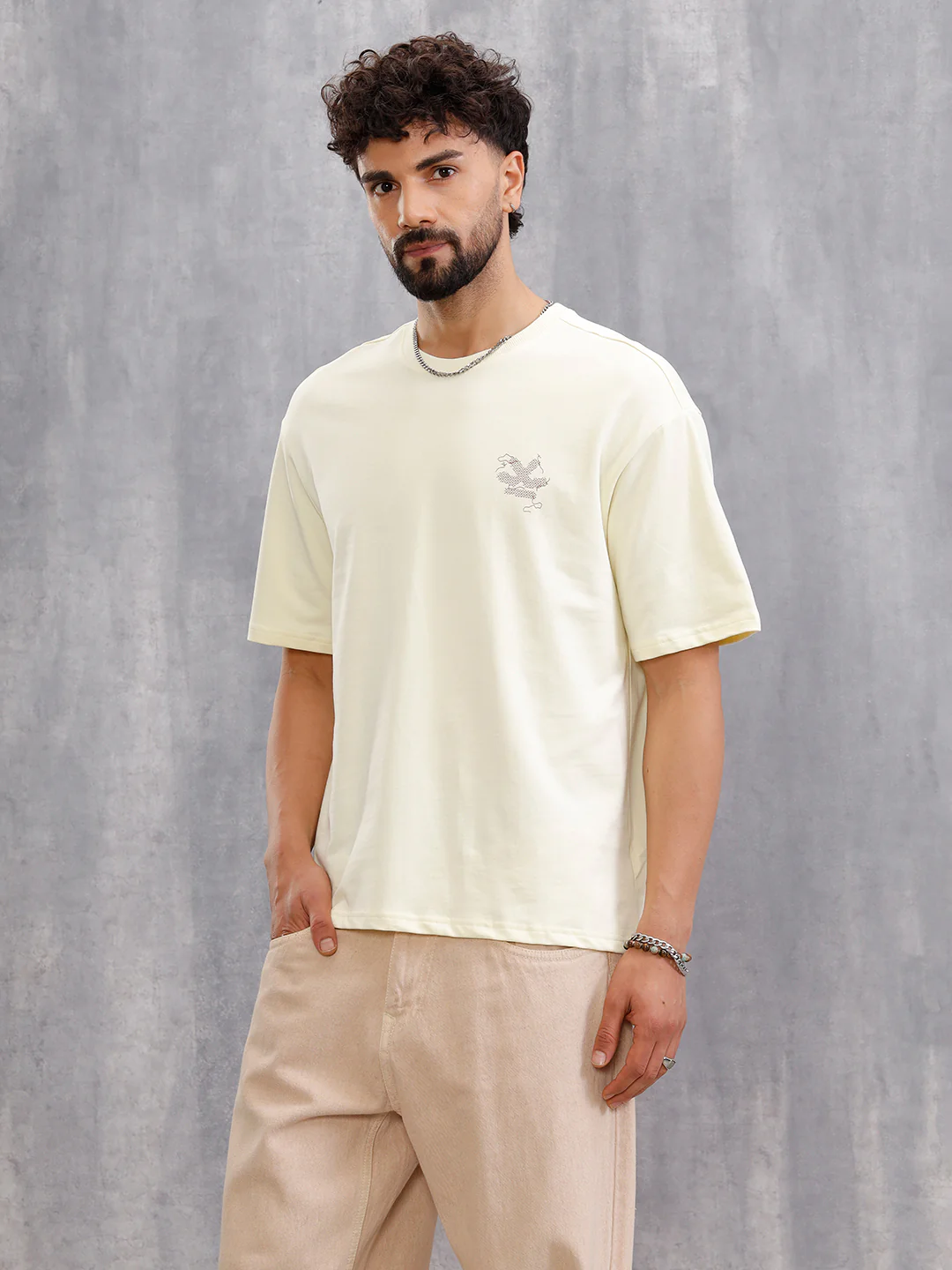 Frayed Yarn Look "Wrogn Squad" Oversized Back Print Crew Neck T-Shirt | Yellow - Image 4