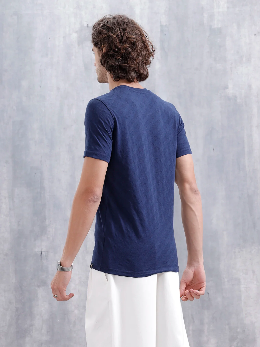 Geometric Jacquard Slim Fit Cotton Blend Shirt | Navy Blue - Image 3