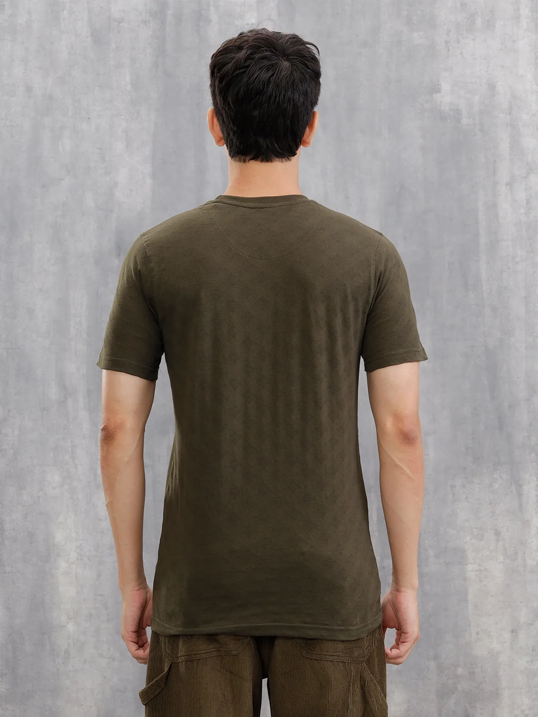 Geometric Jacquard Slim Fit Cotton Blend T-Shirt  |  Olive - Image 3
