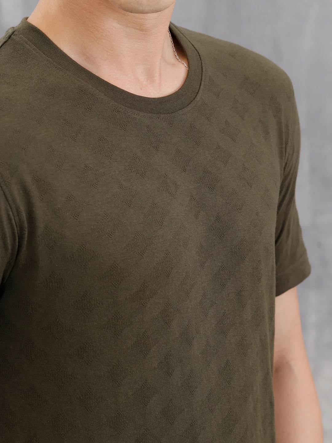 Geometric Jacquard Slim Fit Cotton Blend T-Shirt  |  Olive - Image 4