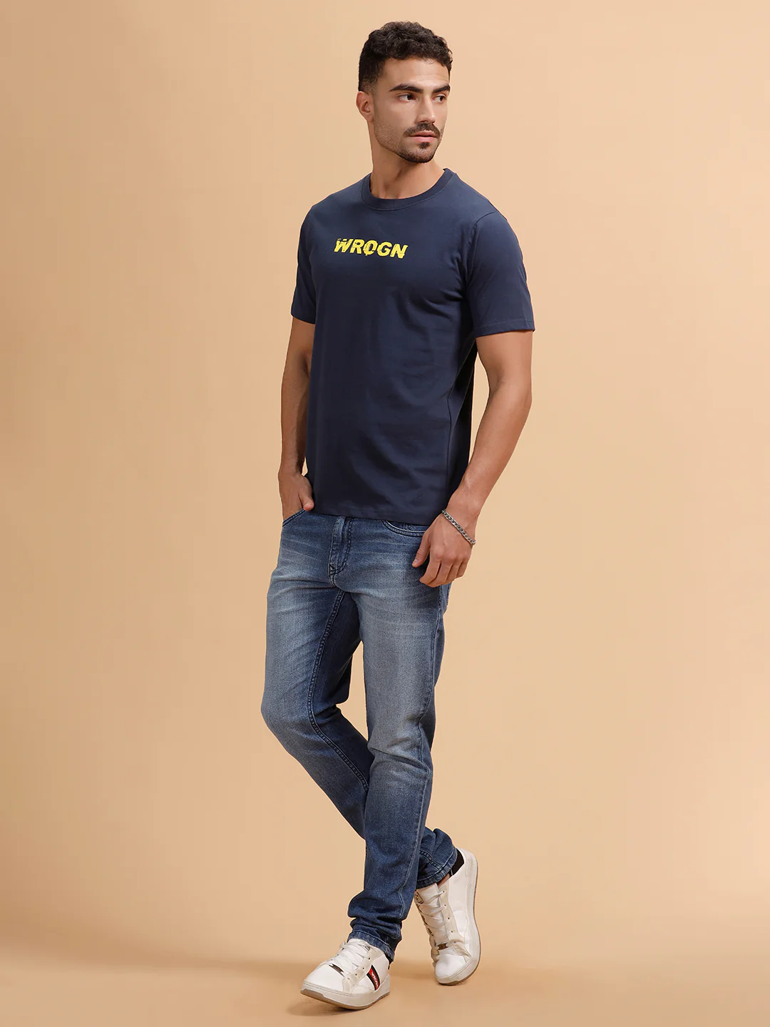 Glitched Logo Printed Slim Fit T-Shirt  | Navy Blue - Image 2