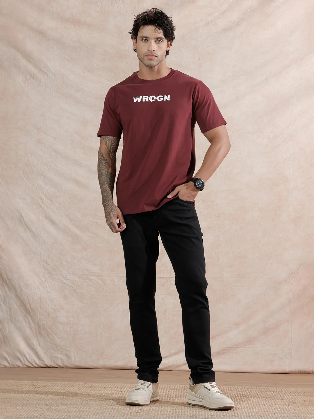 Glitched Logo Printed T-Shirt | Maroon - Image 2