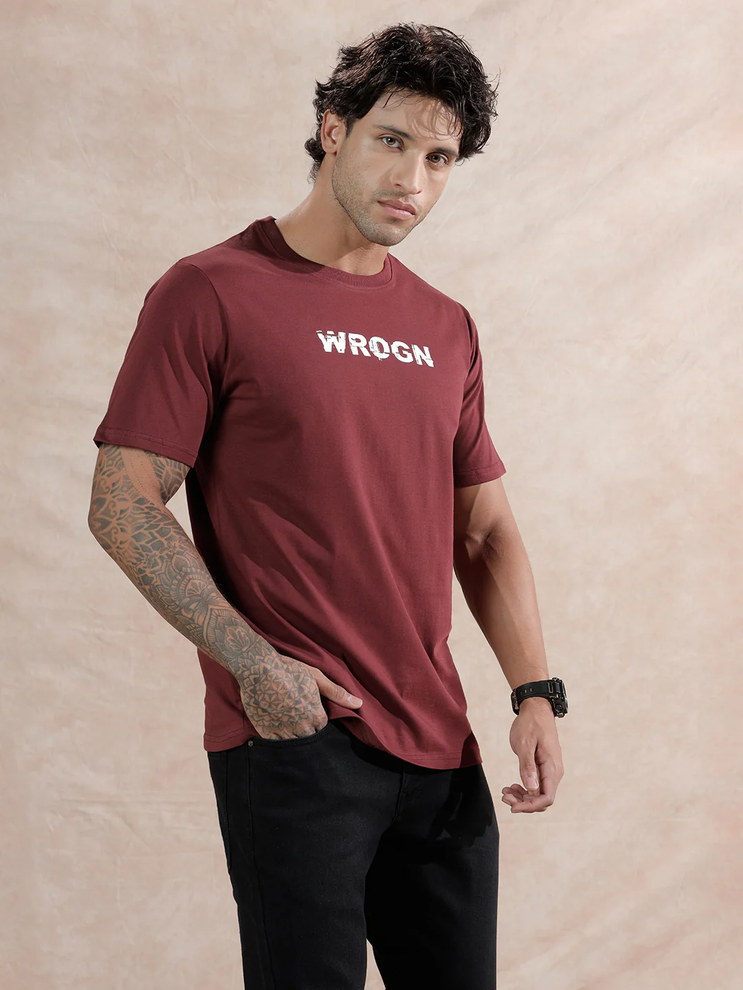 Glitched Logo Printed T-Shirt | Maroon - Image 4