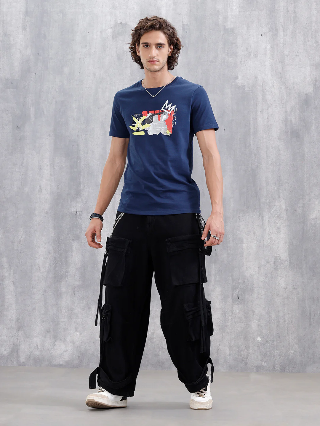 Graffiti Inspired Chest Graphic Slim Fit T-Shirt | Navy Blue - Image 2