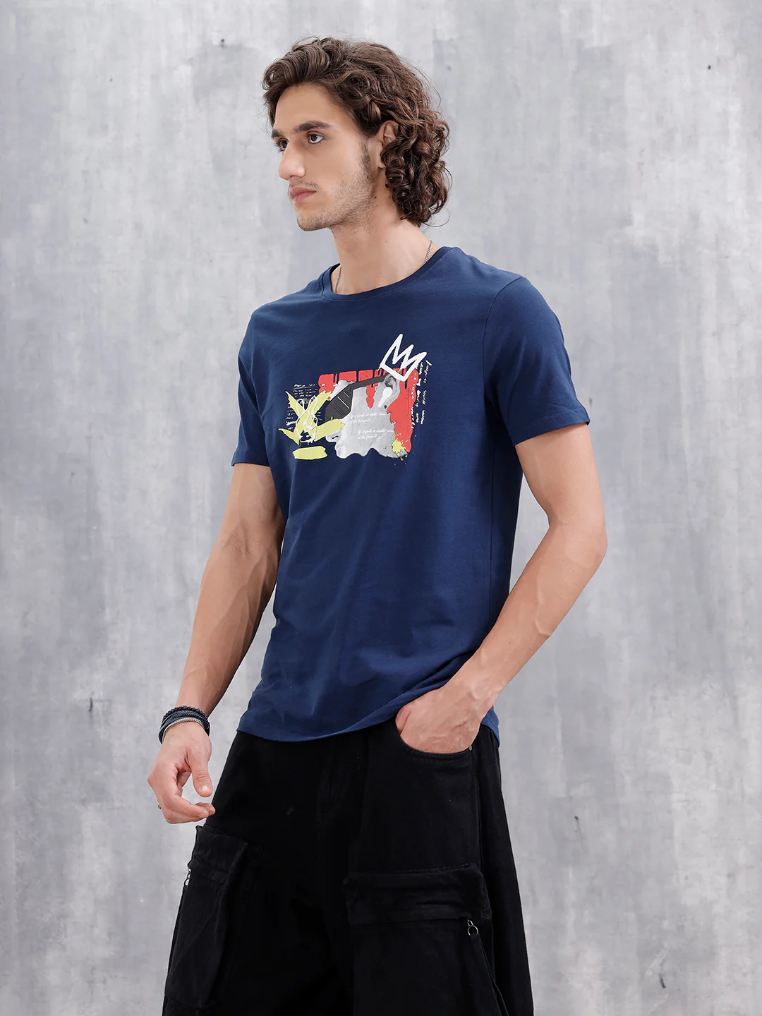 Graffiti Inspired Chest Graphic Slim Fit T-Shirt | Navy Blue - Image 4