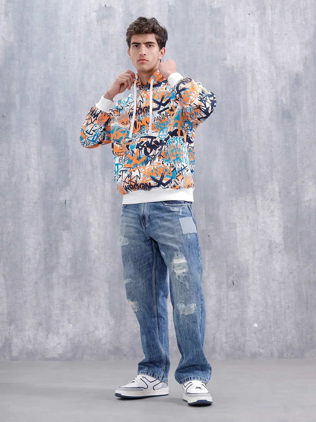 Graffiti Inspired Oversized Brushed Fleece Hoodie | Blue - Image 3