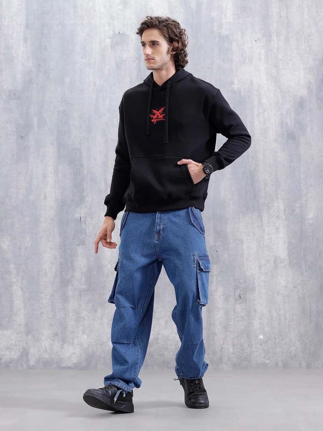 Graffiti Patch Oversized Brushed Fleece Hoodie | Black - Image 2