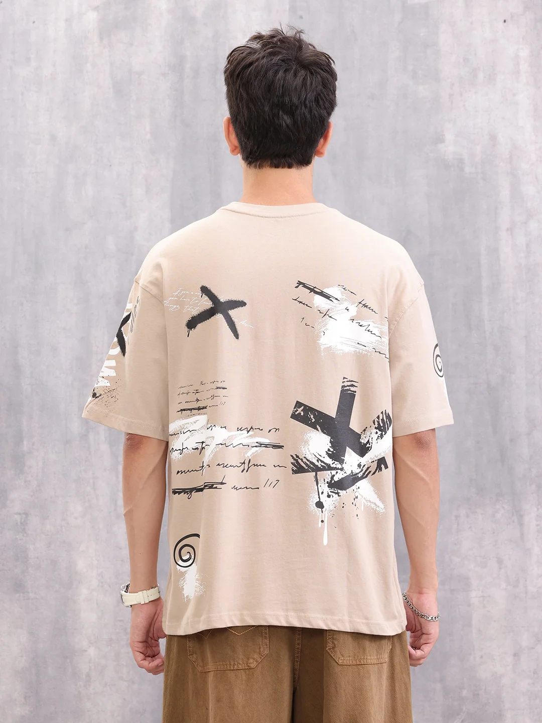 Graffiti Inspired Placement Print Oversized Fit T-Shirt | Beige - Image 3