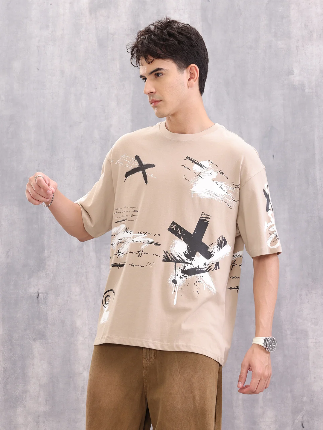 Graffiti Inspired Placement Print Oversized Fit T-Shirt | Beige - Image 4