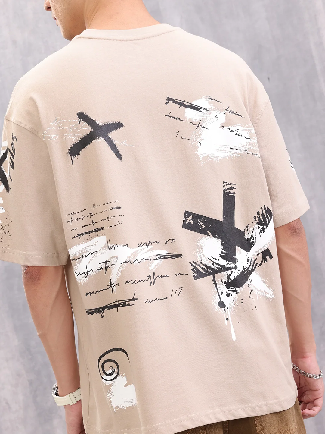 Graffiti Inspired Placement Print Oversized Fit T-Shirt | Beige - Image 5