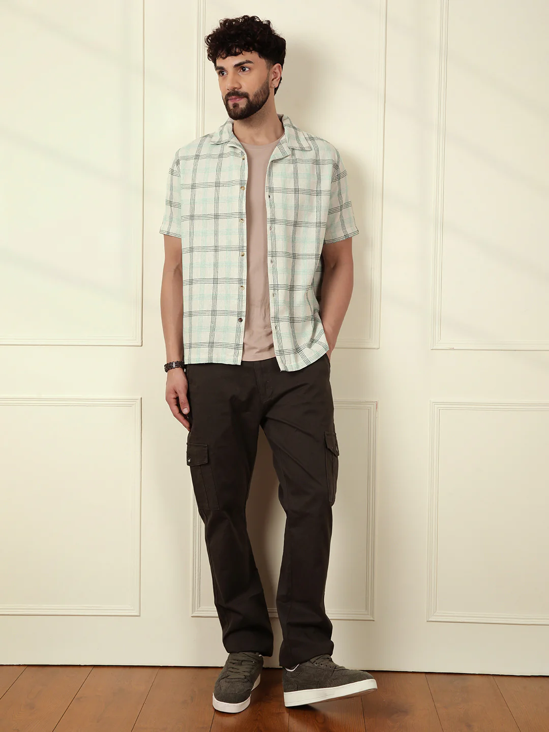 Textured Short Sleeve Checked Shirt | Light Green - Image 2