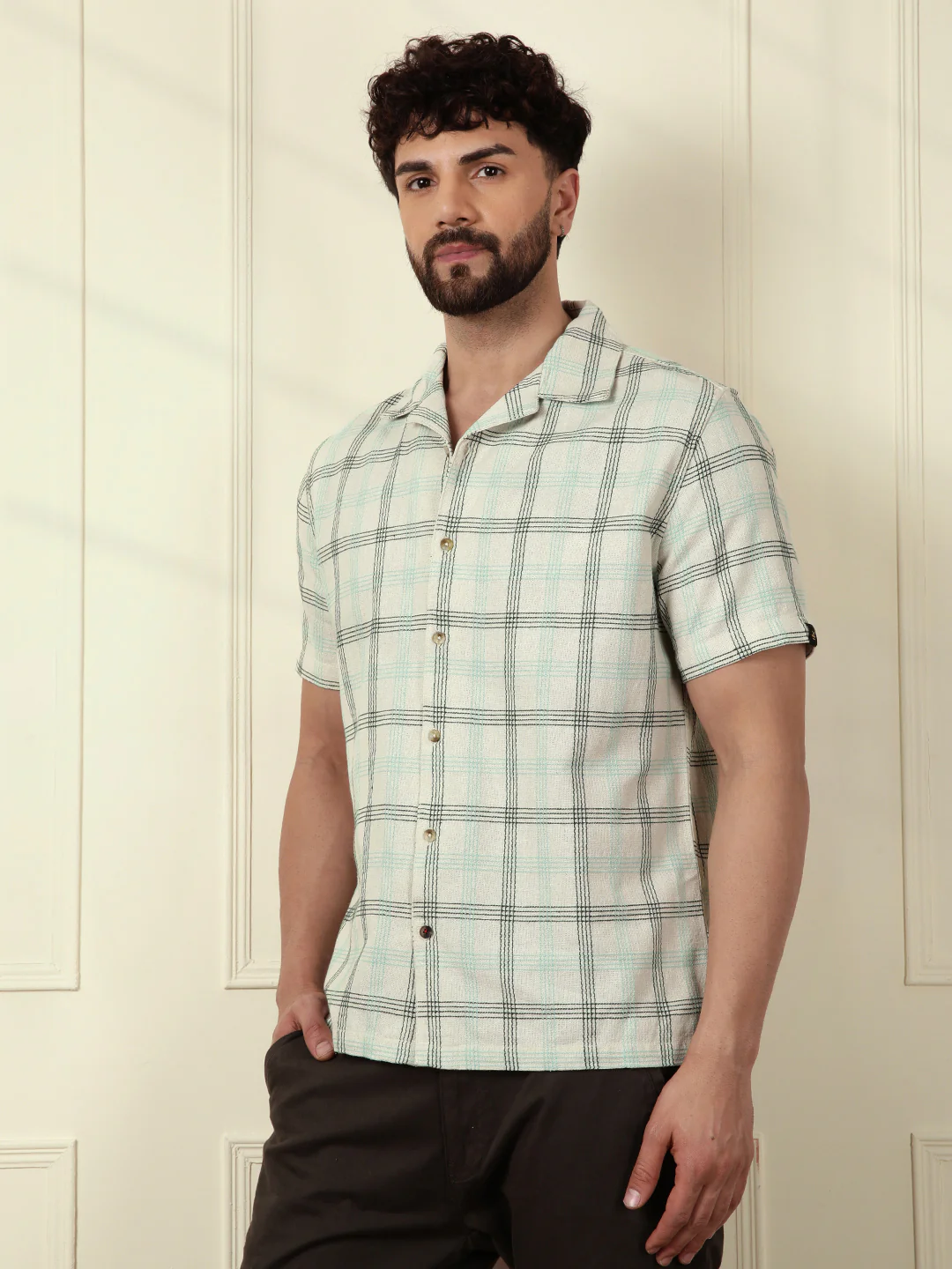Textured Short Sleeve Checked Shirt | Light Green - Image 4