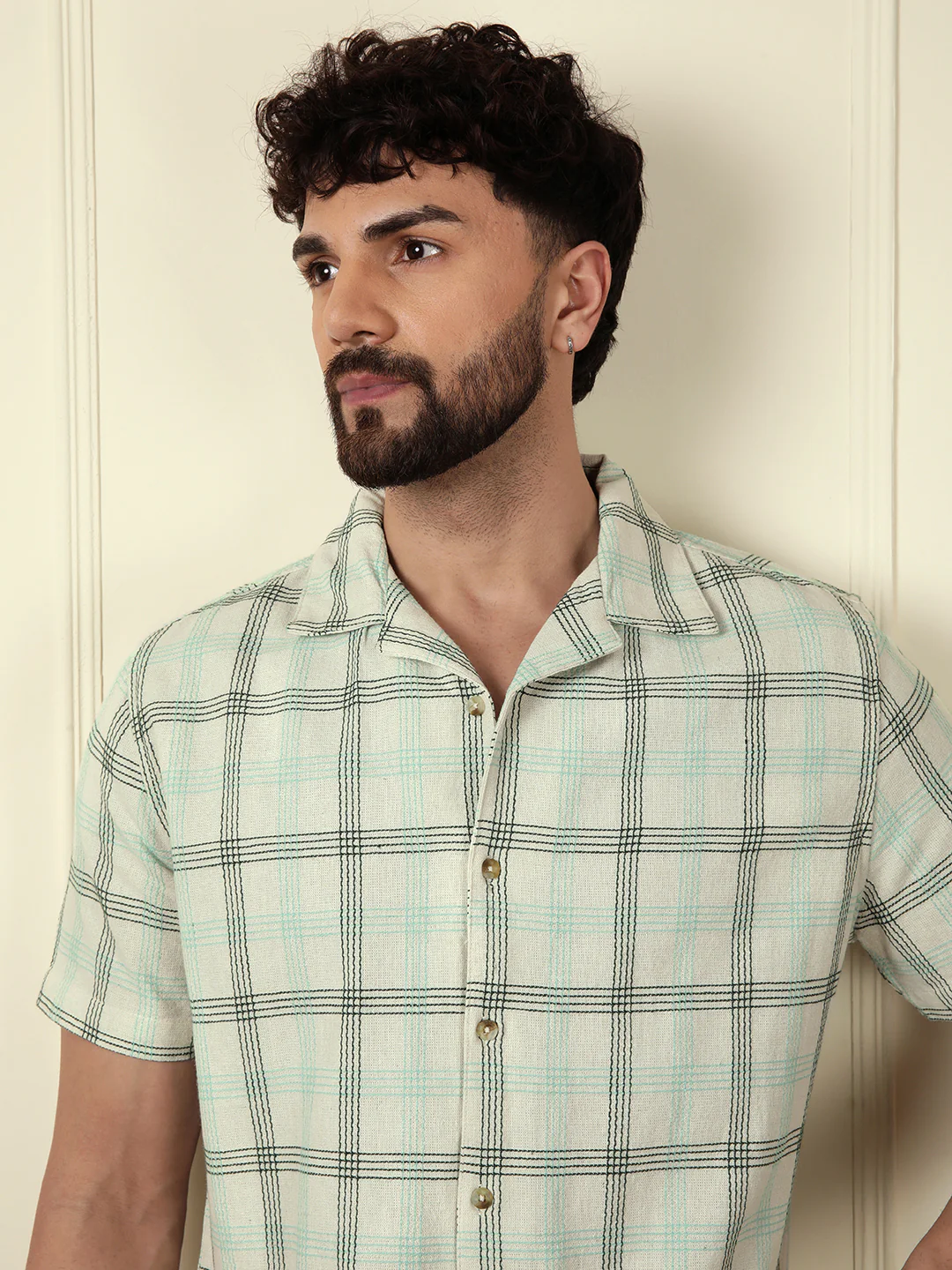 Textured Short Sleeve Checked Shirt | Light Green - Image 5