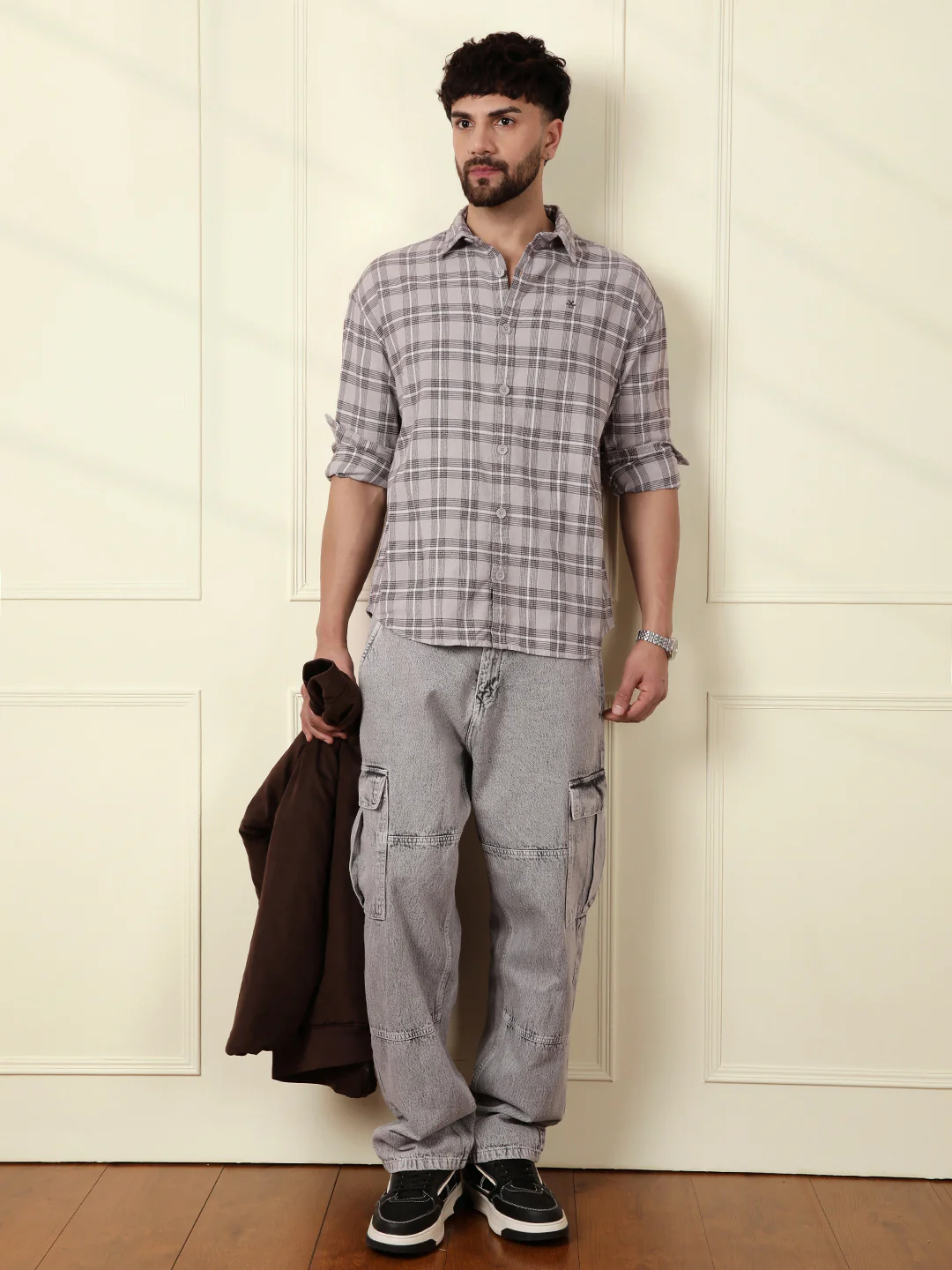 Tonal Checks Oversized Shirt | Grey - Image 2