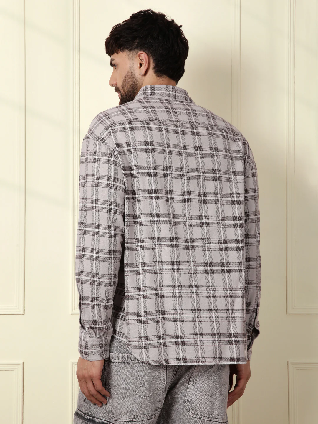 Tonal Checks Oversized Shirt | Grey - Image 3
