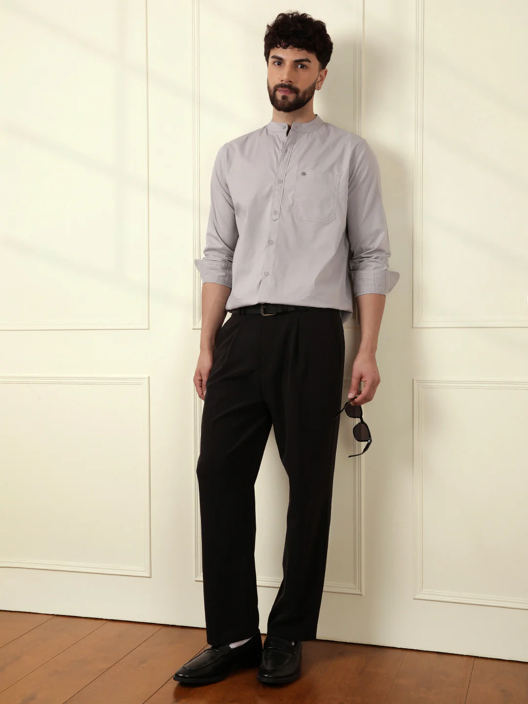 Grey Oxford Mandarin Collar Shirt - Image 2