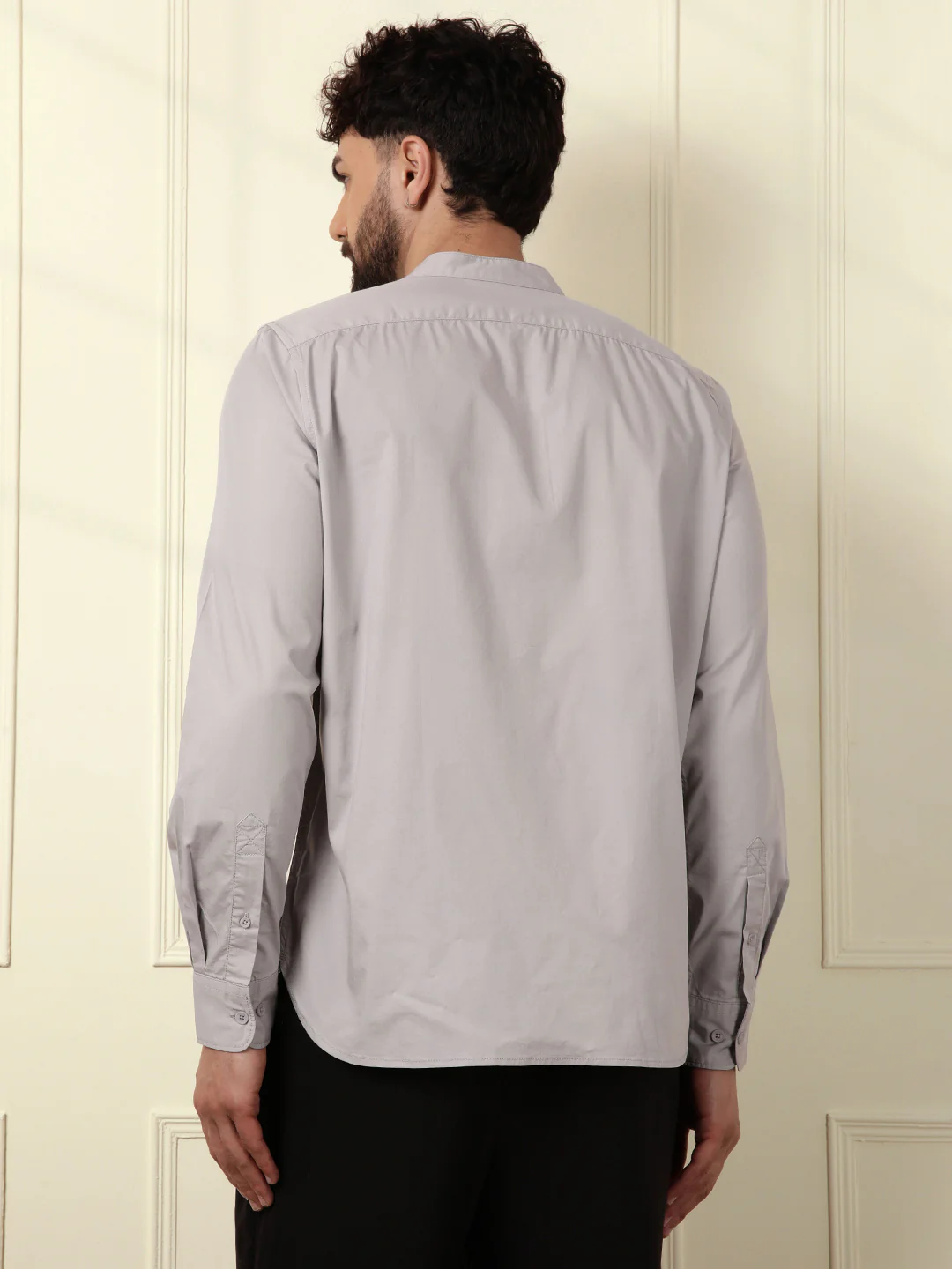Grey Oxford Mandarin Collar Shirt - Image 3